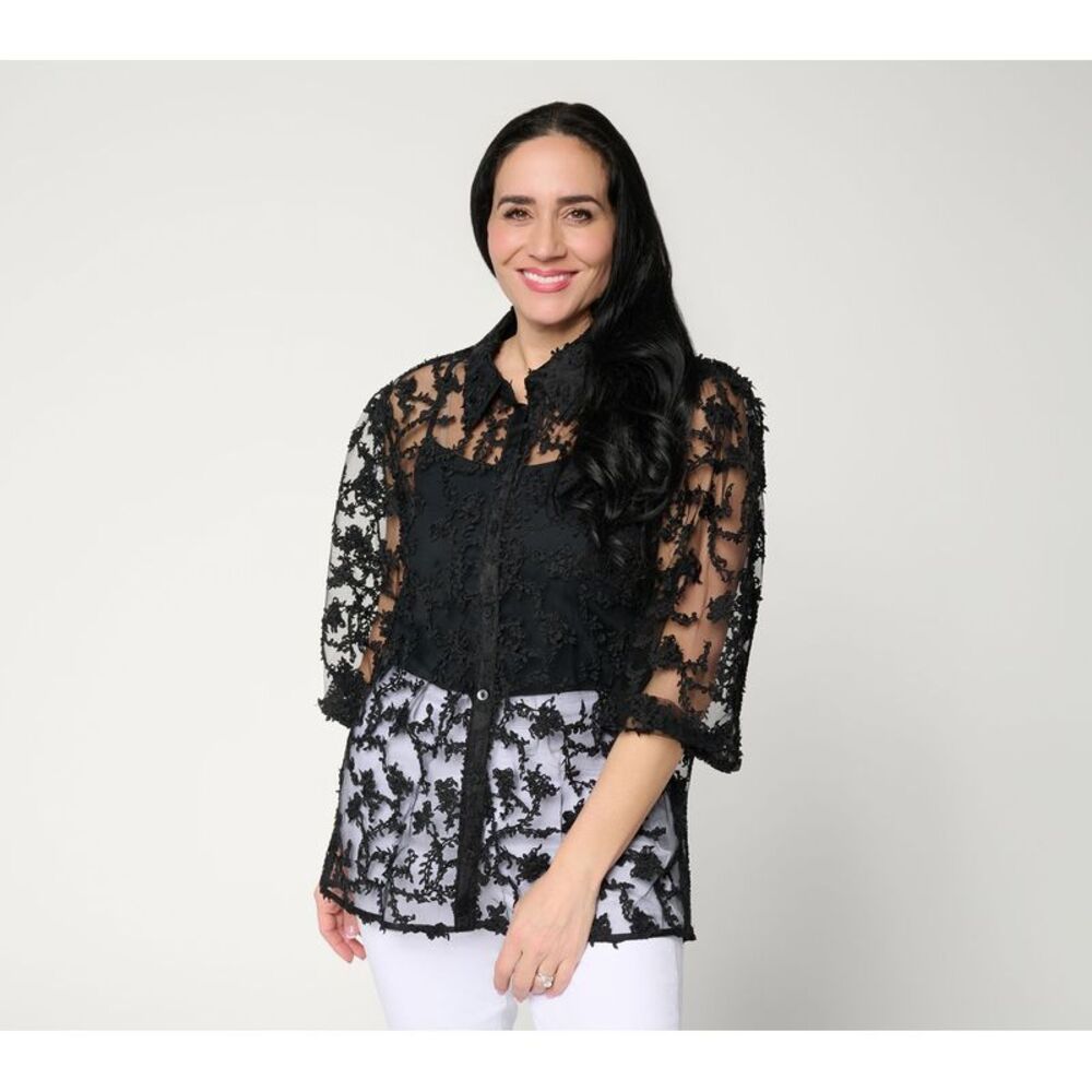 Dennis Basso Women's Top Sz M Texture Knit Mesh Button Front Shrug Black